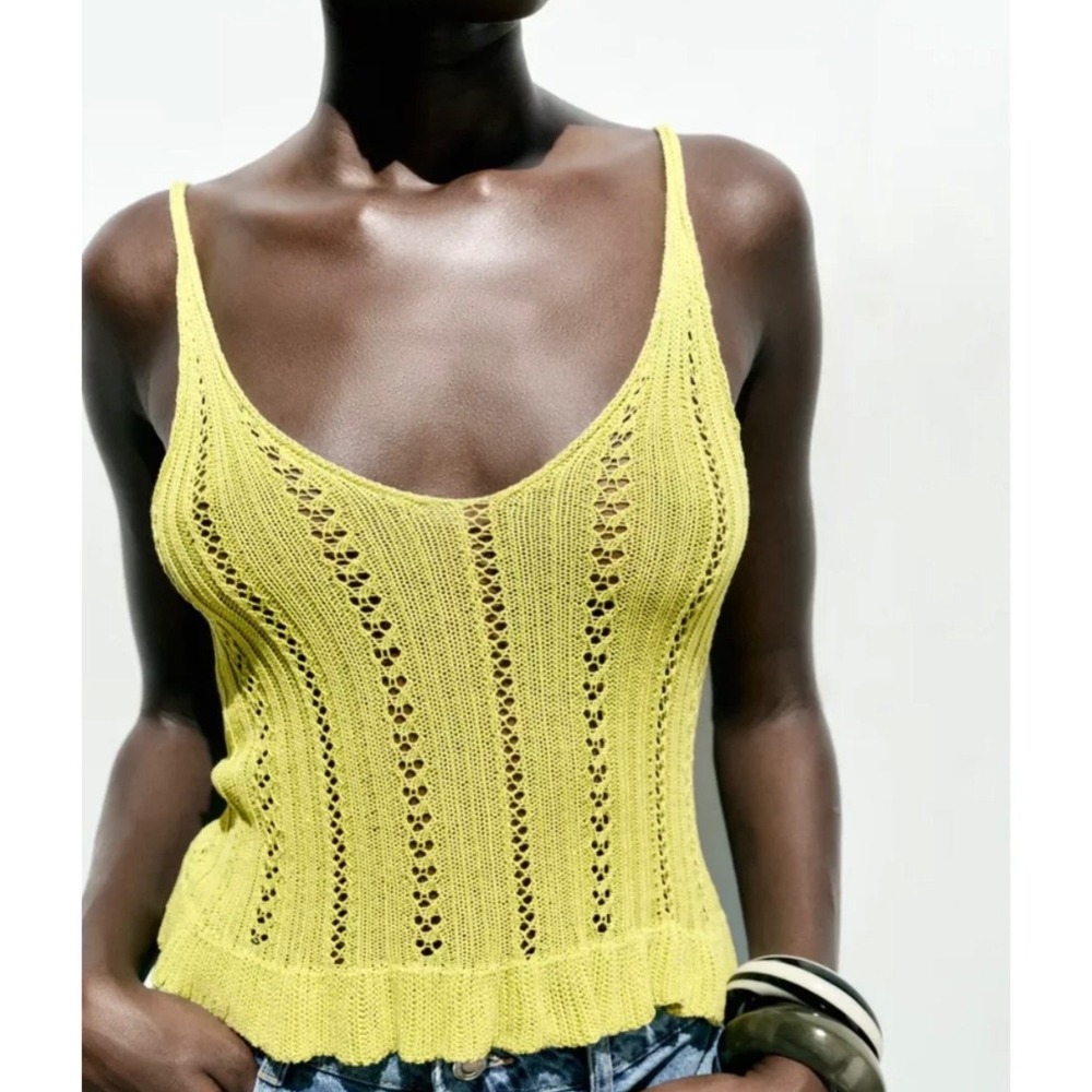 Zara Lime Green Pointelle Knit Ruffle Hem Camisole Top Small NWT